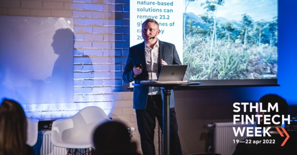 Earthbanc CEO Tom Duncan, delivering Keynote speech at Stockholm Fintech Week, Impact Stage, April 2022